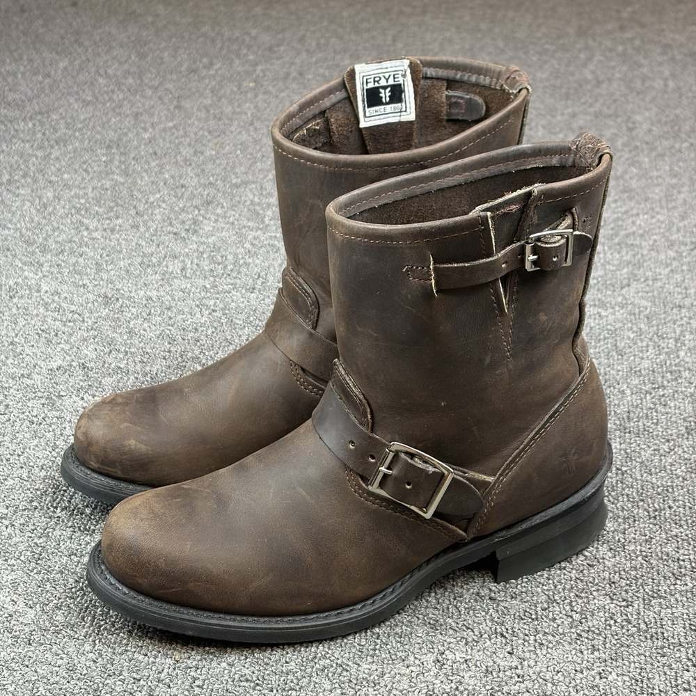 Frye 701 Engineer Boots Brown Leather Made USA Strap Buckle Short Women's Sz 9M